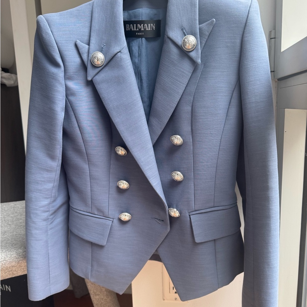 Balmain Women's Slate Blue Blazer with Silver Buttons